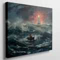 Framed canvas print of a stormy seascape with a lighthouse beacon and a boat at sea, featuring expressive brushstrokes and a dramatic red and blue colour scheme