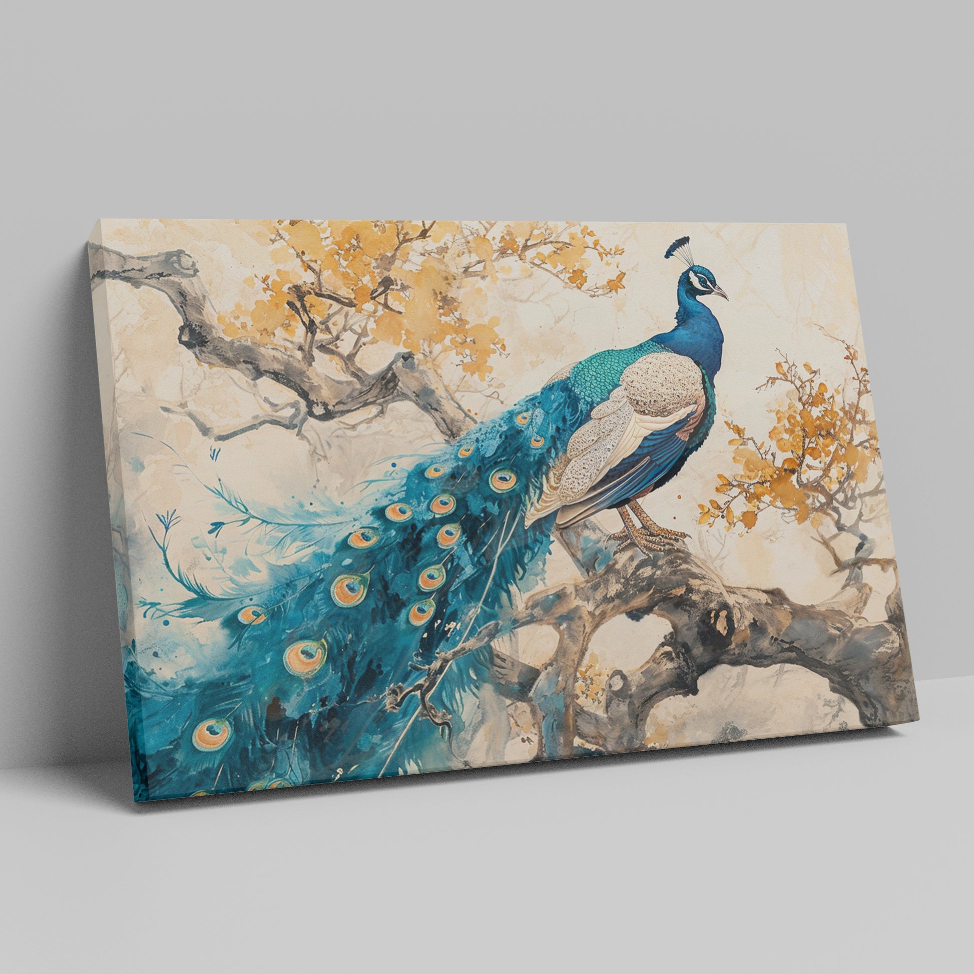 Framed canvas print of a peacock on a tree with autumn leaves