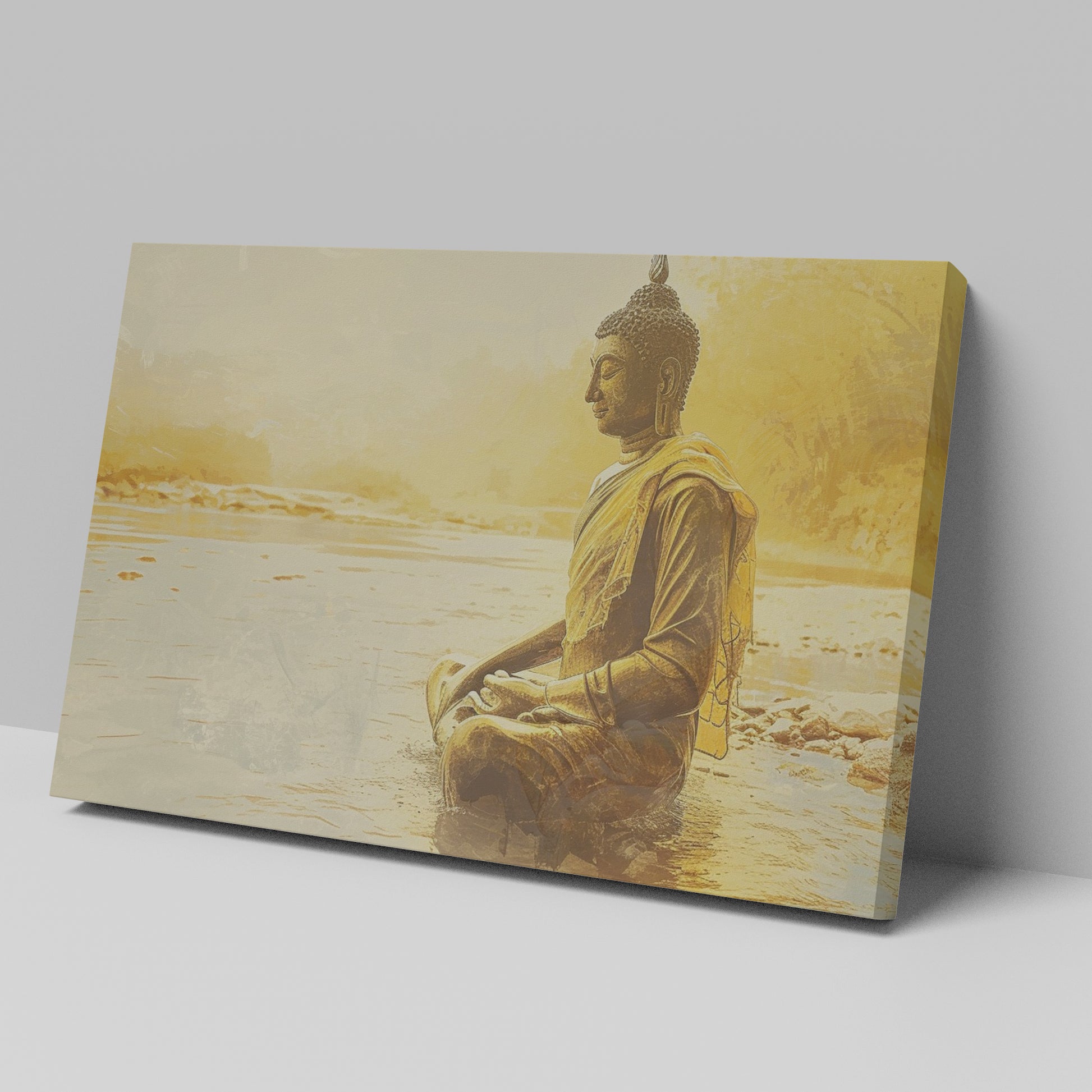 Framed canvas print of a Golden Buddha statue sitting in meditation by the water