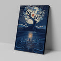 Framed canvas print of a stylised tree with moon and candle in blue shades