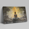 Framed canvas print of a meditative woman at an ancient temple with warm golden hues