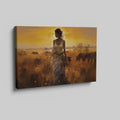 Framed canvas print of a figure in traditional attire at sunset with a savannah wildlife scene