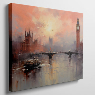 Framed canvas print of impressionist London skyline at sunset with Westminster Bridge and Thames River