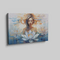 Framed canvas print of an ethereal woman with lotus flowers in serene water