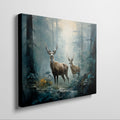 Framed canvas print of two stags in a sunlit, enchanted forest