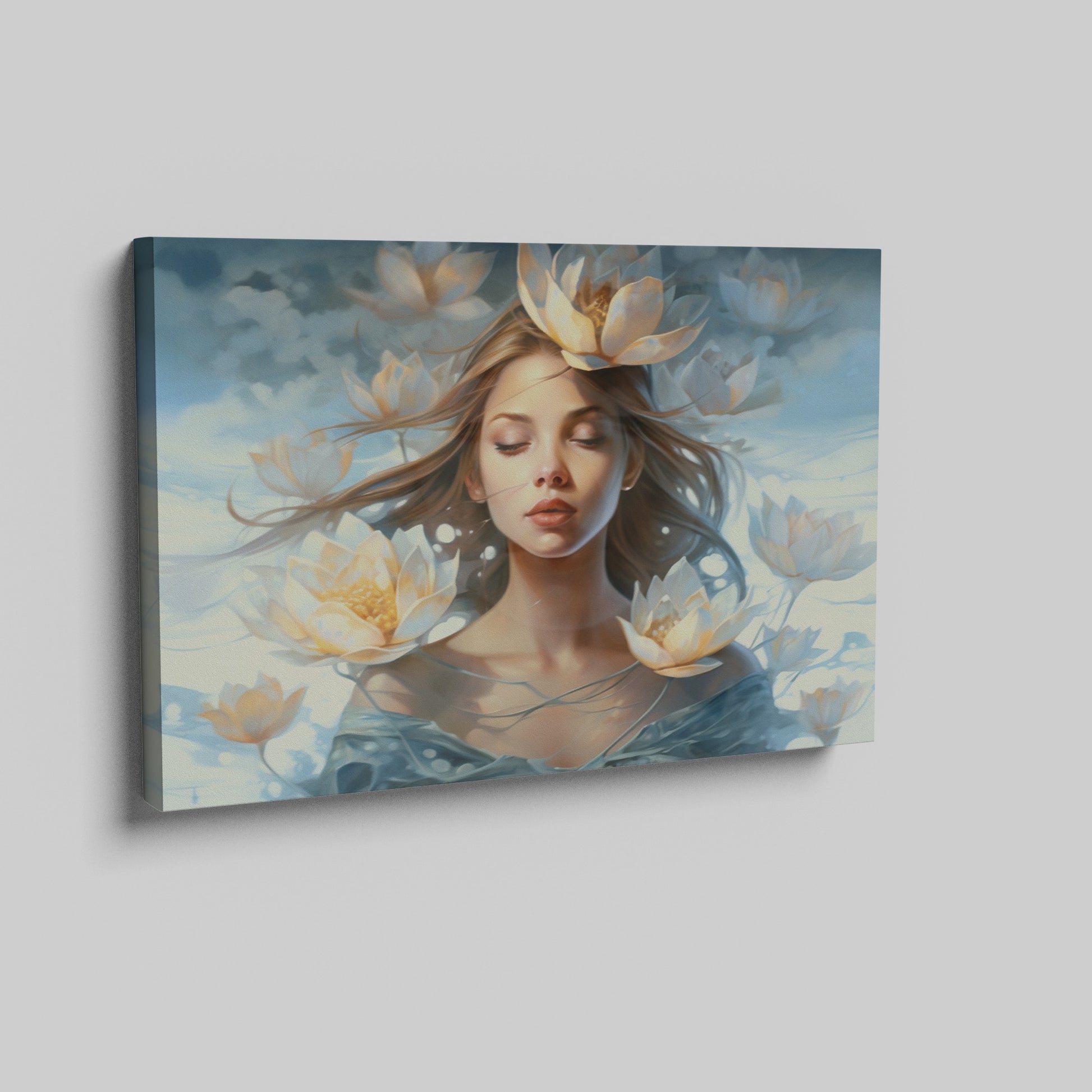 Framed canvas print of an ethereal woman with waterlilies and a dreamy blue palette