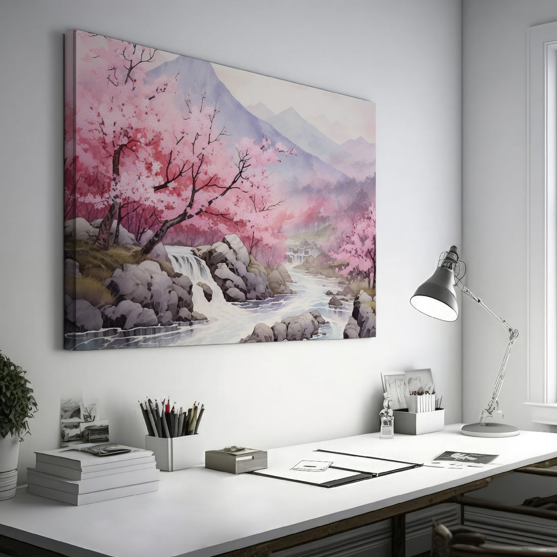 Framed canvas print of a serene Japanese landscape with pink cherry blossoms and a waterfall