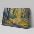 Framed canvas print of a sunlit path through a misty forest in watercolour with vibrant yellow and cool blue tones