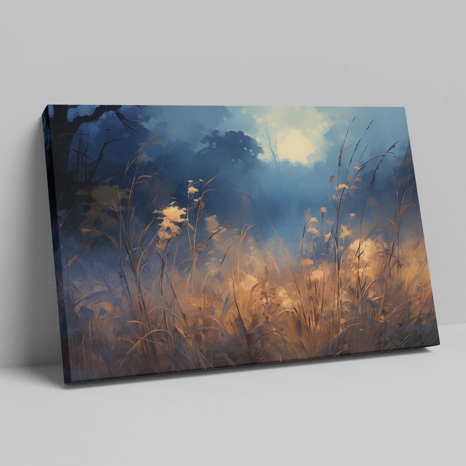 Framed canvas print of an impressionist landscape depicting a misty wilderness at sunrise with a blue and gold colour scheme