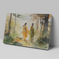 Framed canvas print of two women in traditional Chinese attire walking through an autumnal watercolor forest