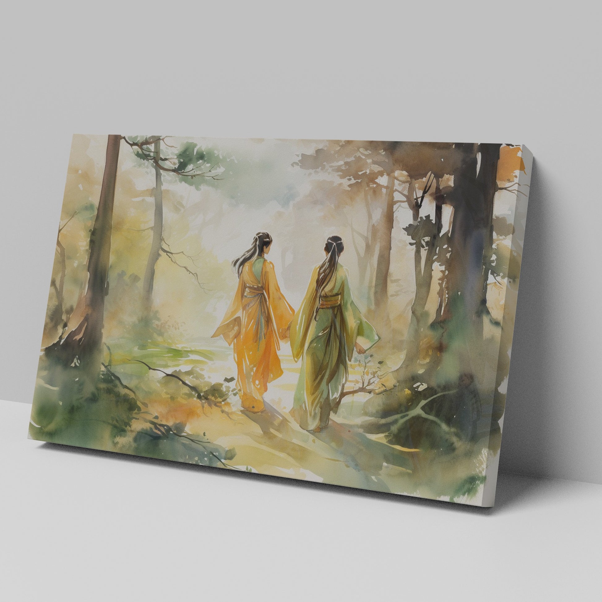 Framed canvas print of two women in traditional Chinese attire walking through an autumnal watercolor forest