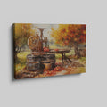 Framed canvas print of an autumn cider press scene with vibrant foliage and vintage farm elements