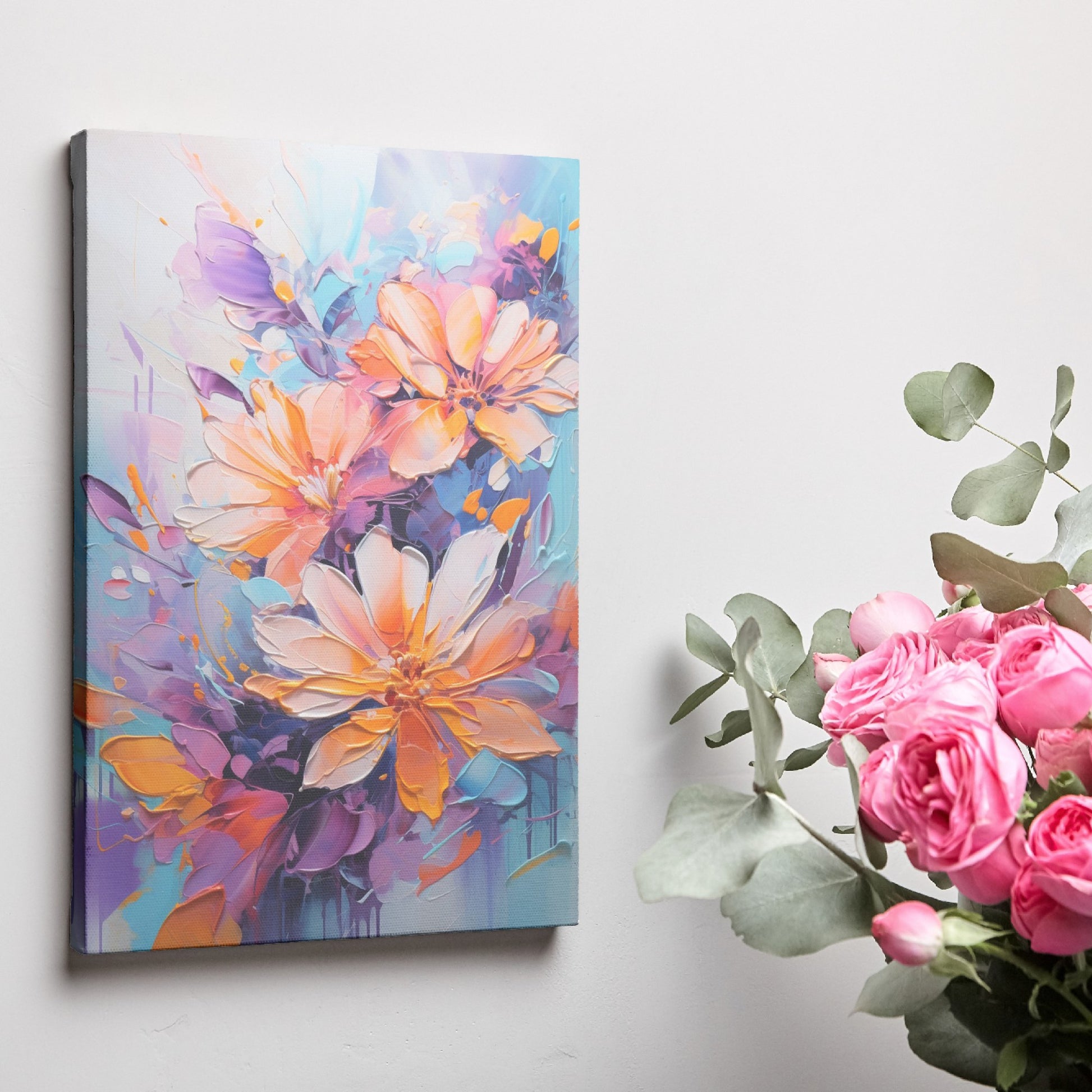 Framed canvas print of vibrant, textured impasto flowers in bright orange, purple, and blue hues