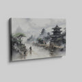 Framed canvas print of a mist-covered ancient Chinese scene with pagodas and figures