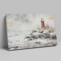 A red lighthouse on a snowy coastline with a figure at a distance and seagulls in the wintry sky.