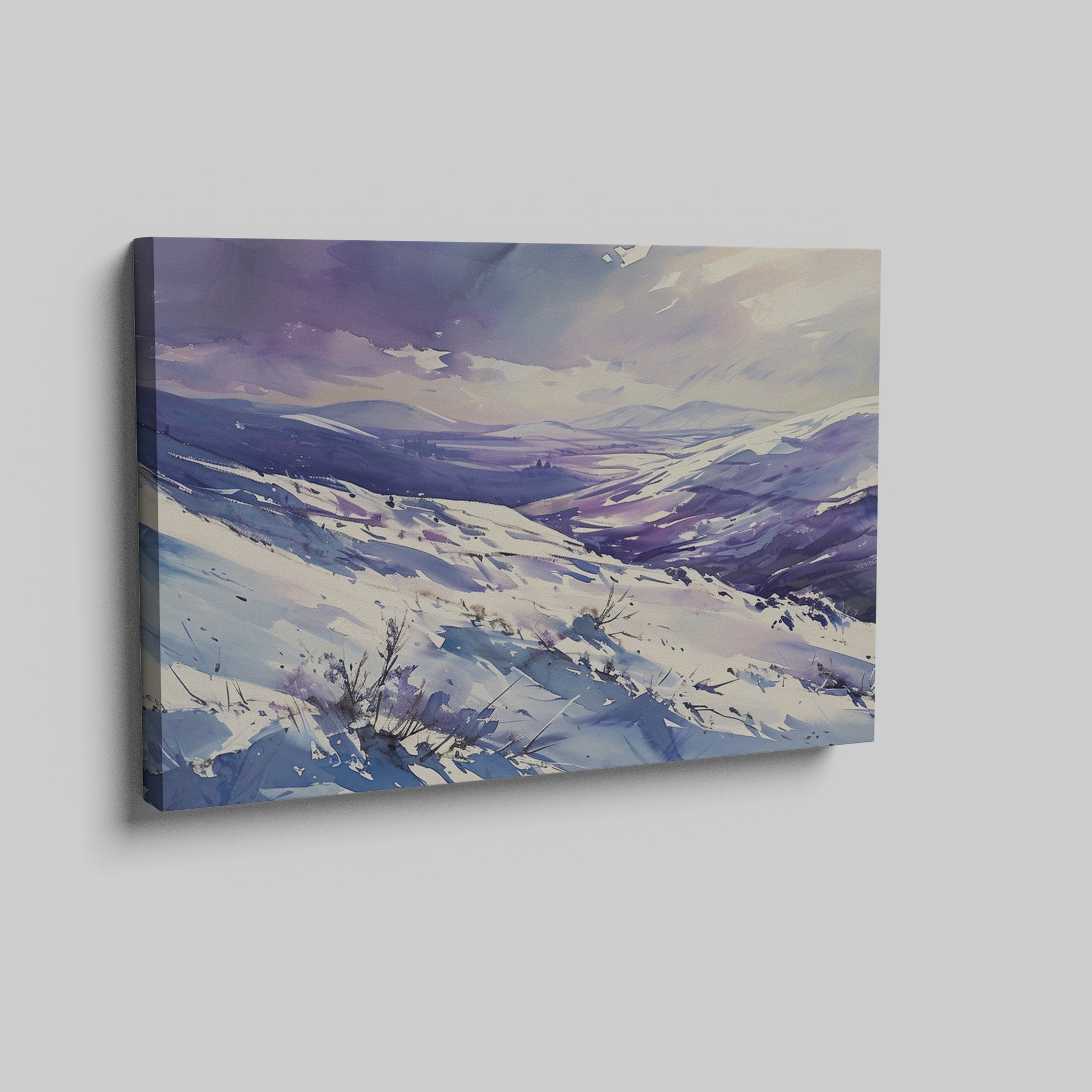 Framed canvas print of a snowy mountain landscape in watercolour with shades of purple and blue