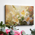 Framed canvas print of serene white lilies with a warm colour palette and lush greenery