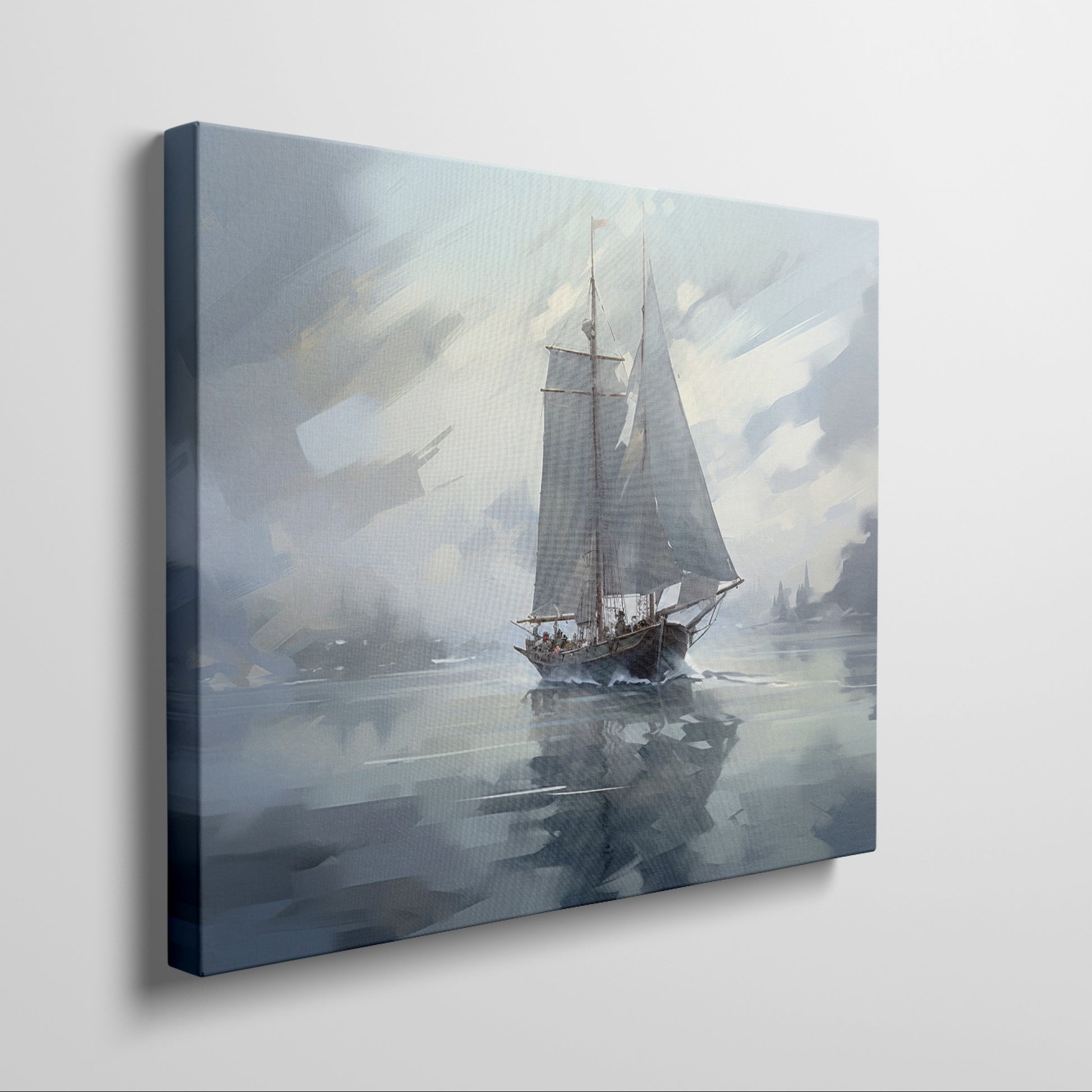 Framed canvas print of an impressionistic painting of a sailboat in a misty seascape setting