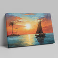 Framed canvas print of a tropical sunset with a sailboat and palm trees