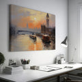 Framed canvas print of London's Westminster skyline at sunset with soft orange and blue tones