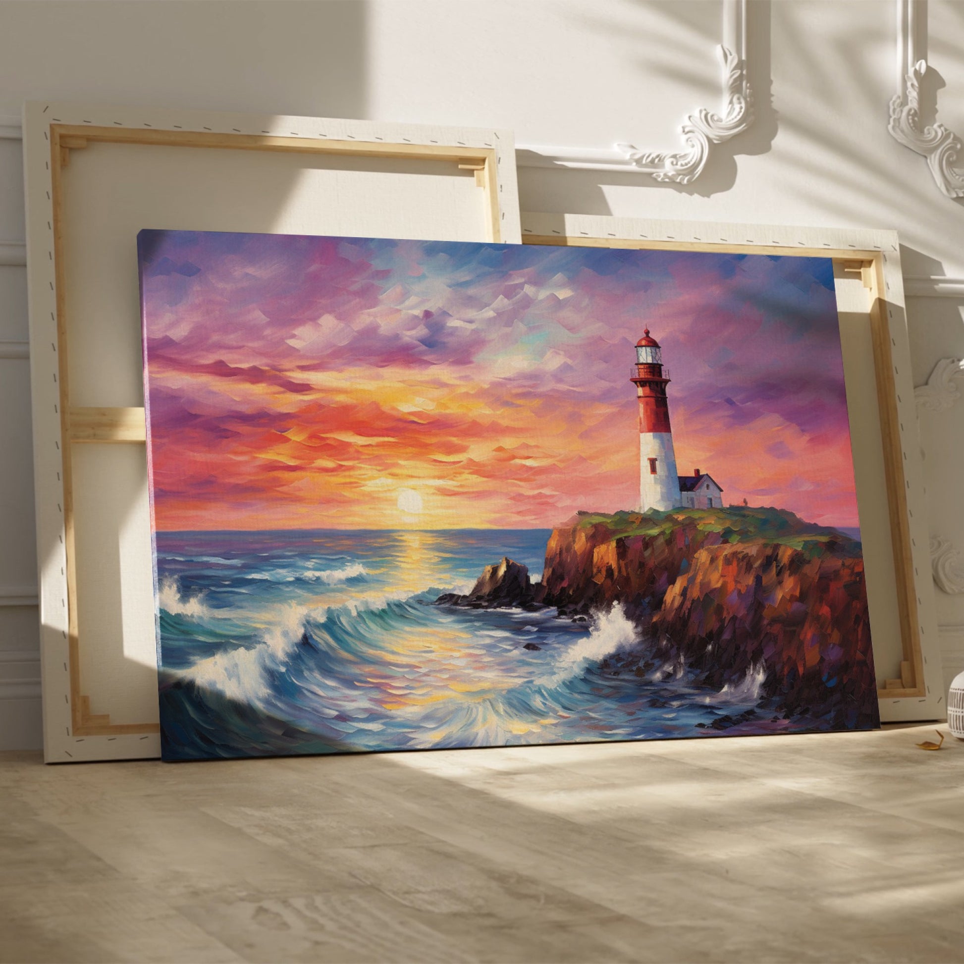 Impressionist painting of a lighthouse at sunset with vibrant red and blue tones and dynamic waves