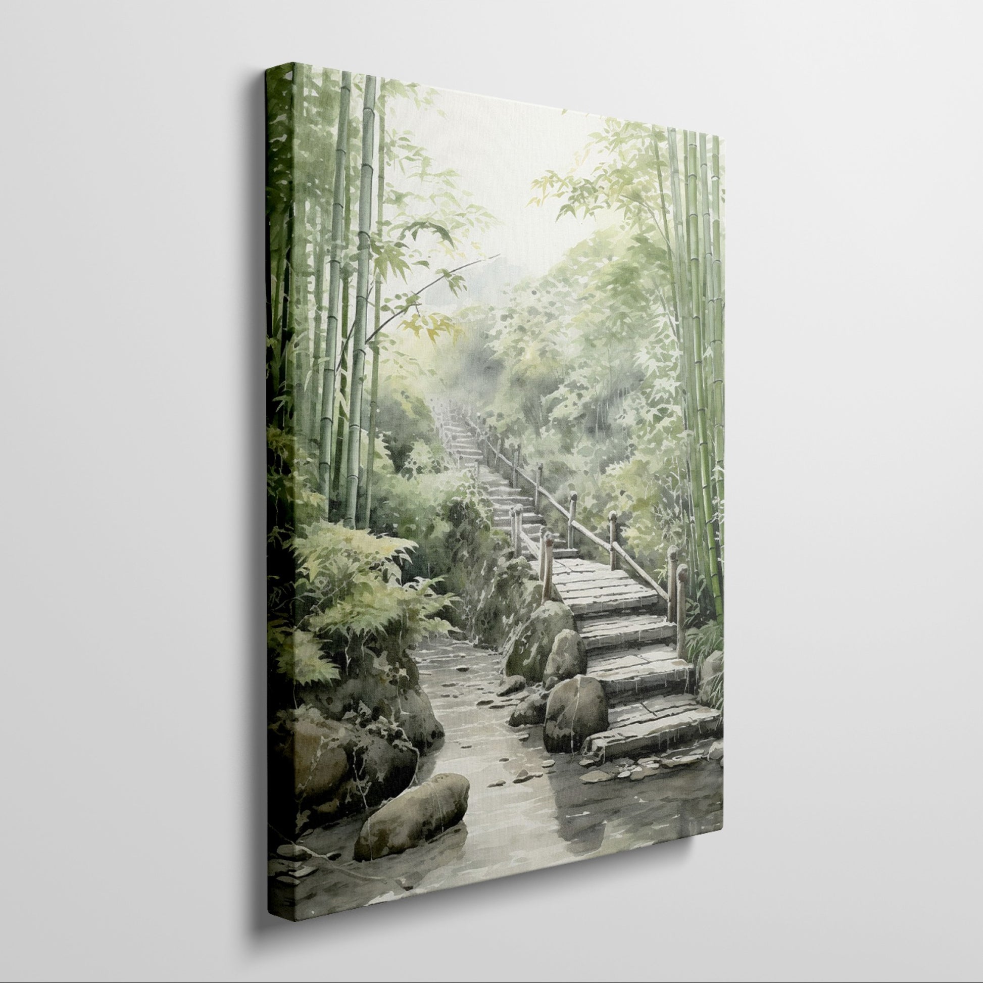 Framed canvas print of tranquil bamboo forest with arched bridge and stream in watercolour