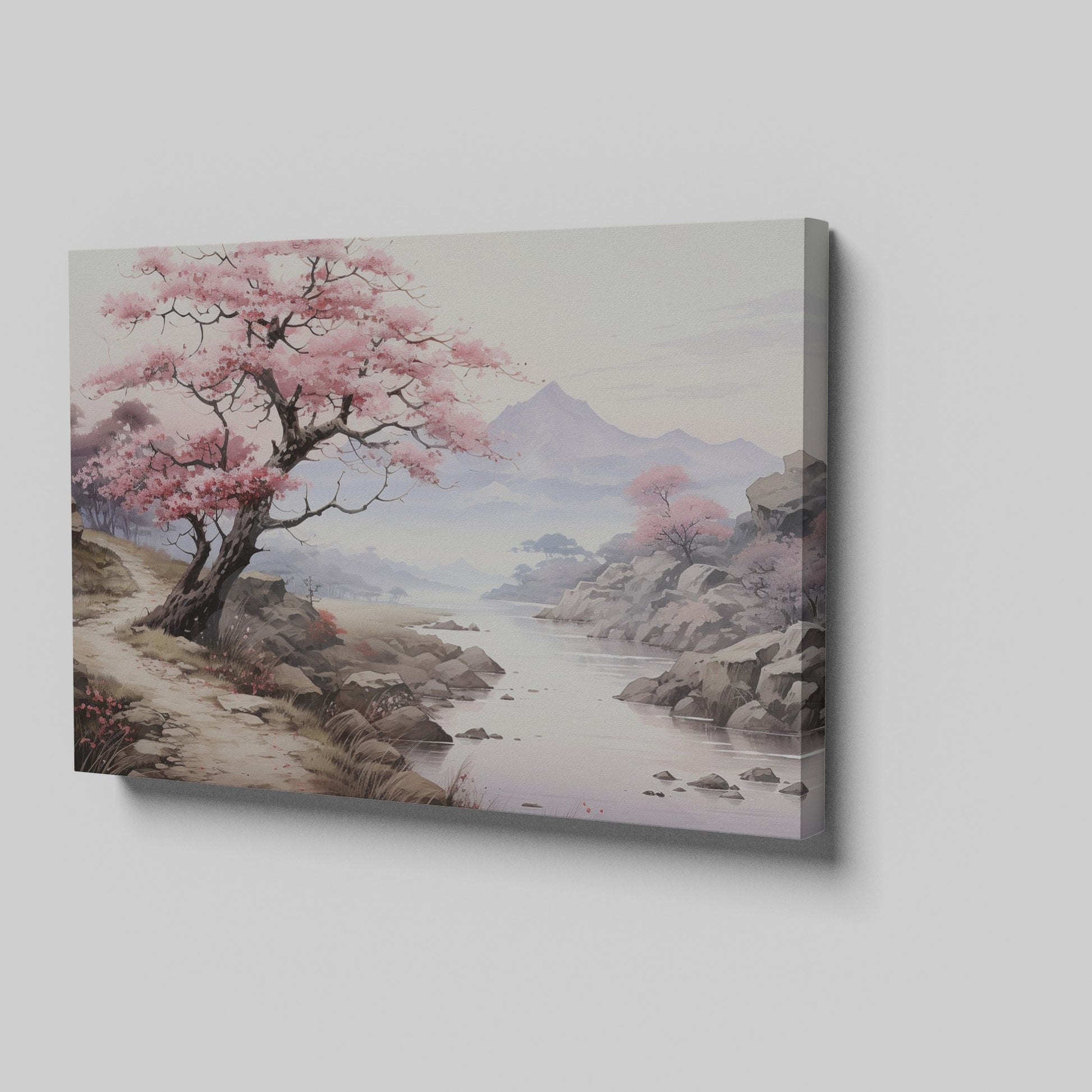 Framed canvas print of a serene cherry blossom landscape with mountains and a river