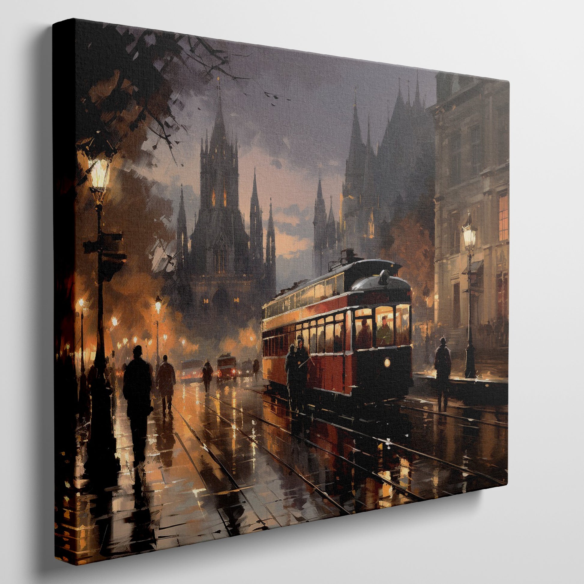 Framed canvas print of a vintage tram travelling through a city with majestic cathedral and warm evening lights reflected on wet streets