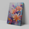 Framed canvas print of vibrant, textured impasto flowers in bright orange, purple, and blue hues