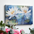 Framed canvas print of tranquil water lilies in watercolour blues and whites