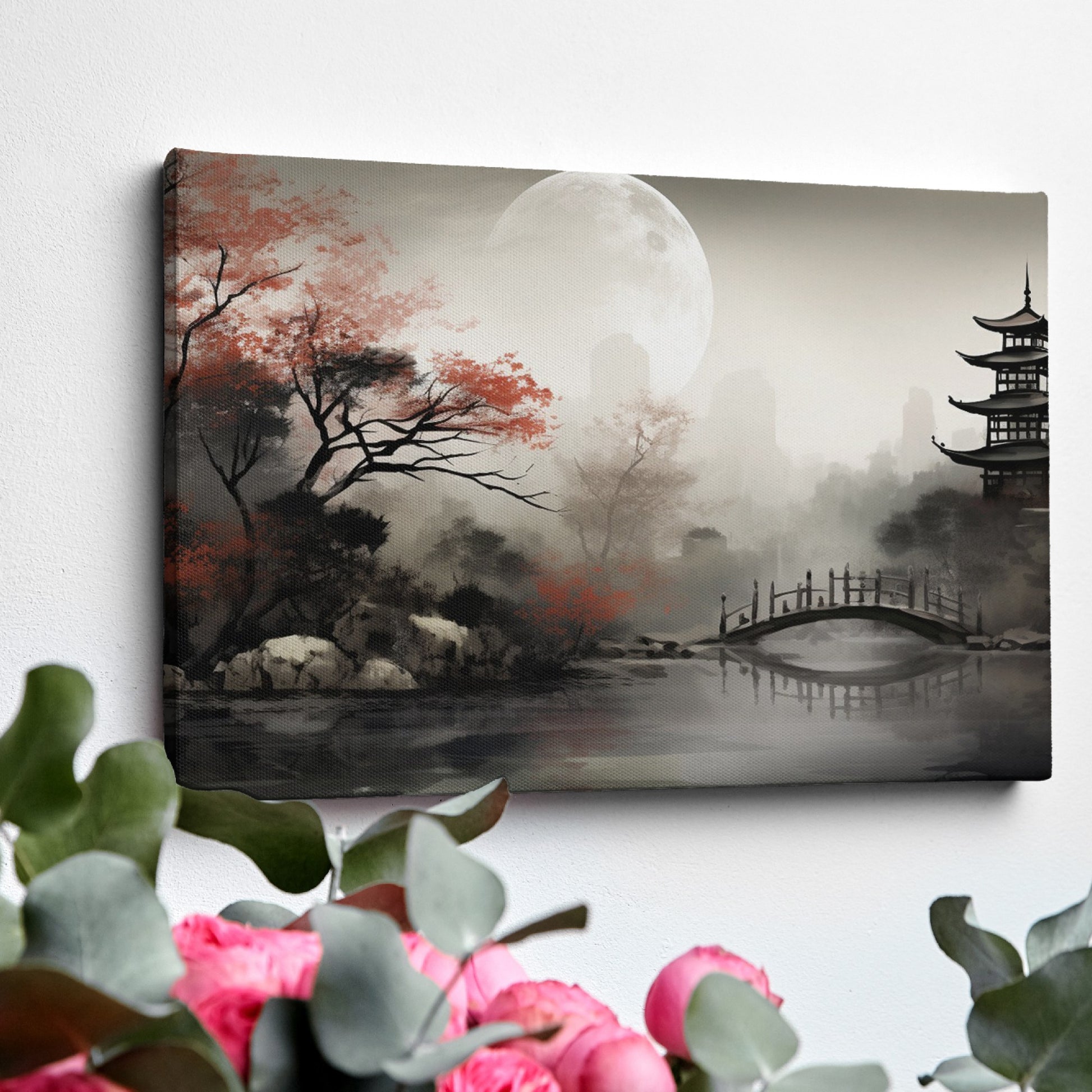 Framed canvas print of a serene Oriental landscape with a moonlit pagoda, red autumn leaves and a tranquil lake