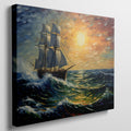 Framed canvas print of an impressionist painting featuring a sailing ship on vibrant sunset seas