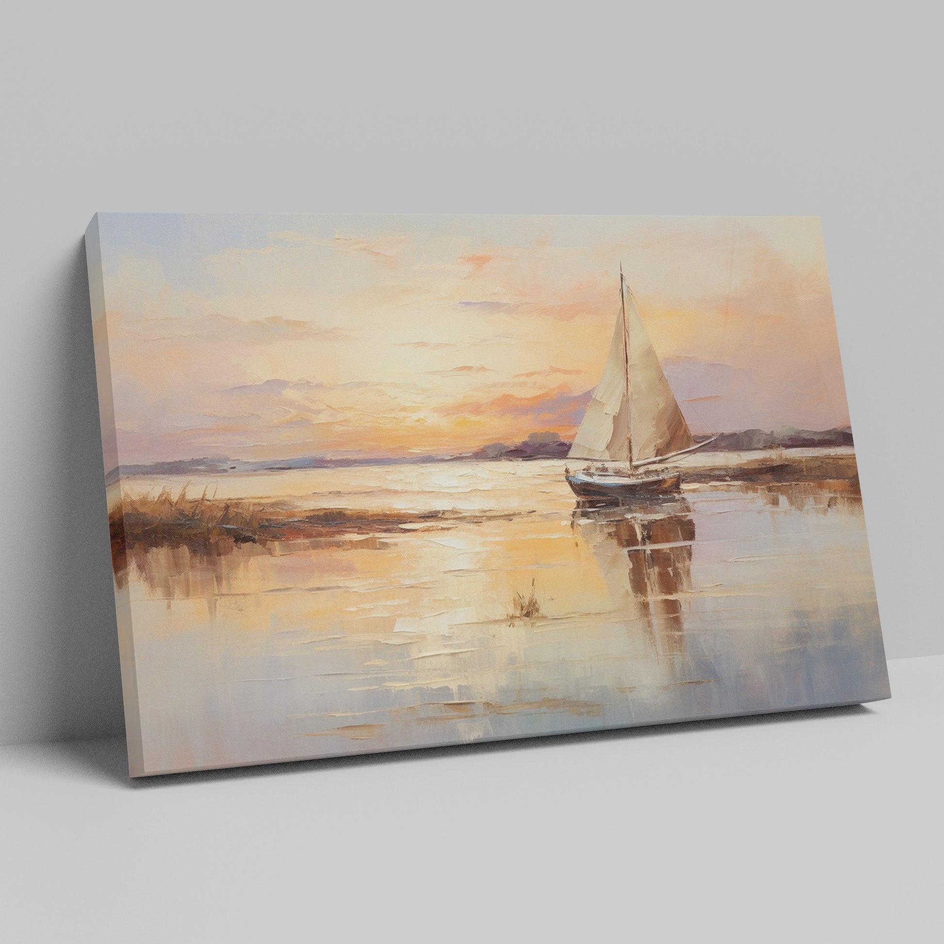 Impressionistic painting of a sailboat on calm waters at sunset with vibrant orange and yellow tones reflecting on the water.