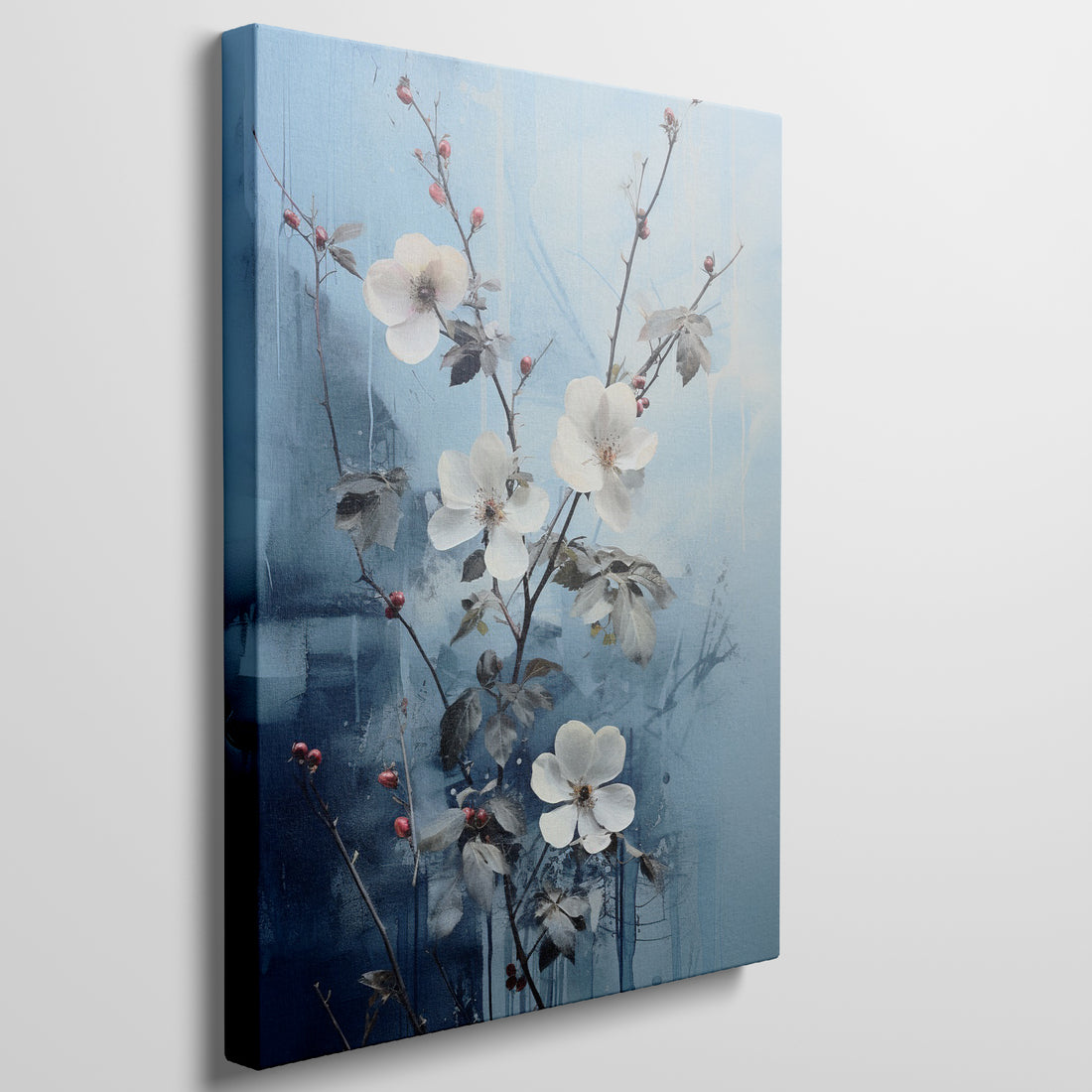 Framed canvas print of elegant flowers and berries against a blue abstract background