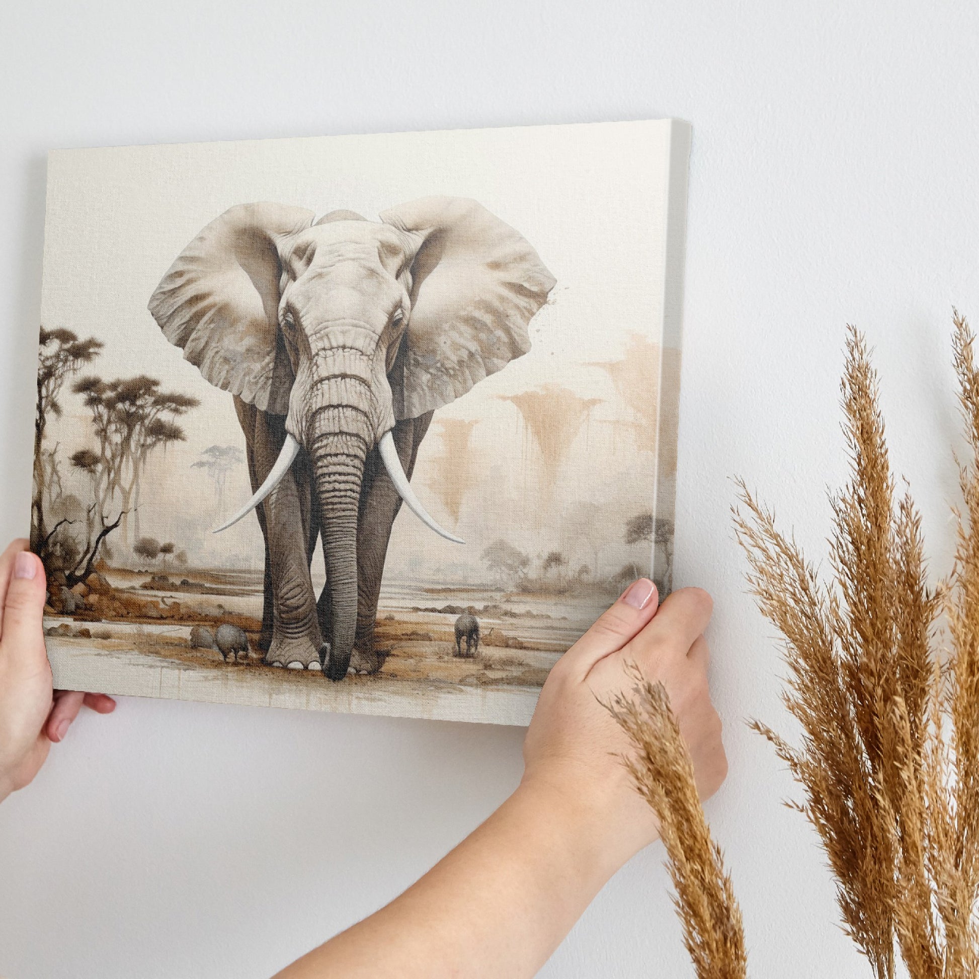 Framed canvas print of a realistic African elephant in a savannah landscape with acacia trees and soft beige tones