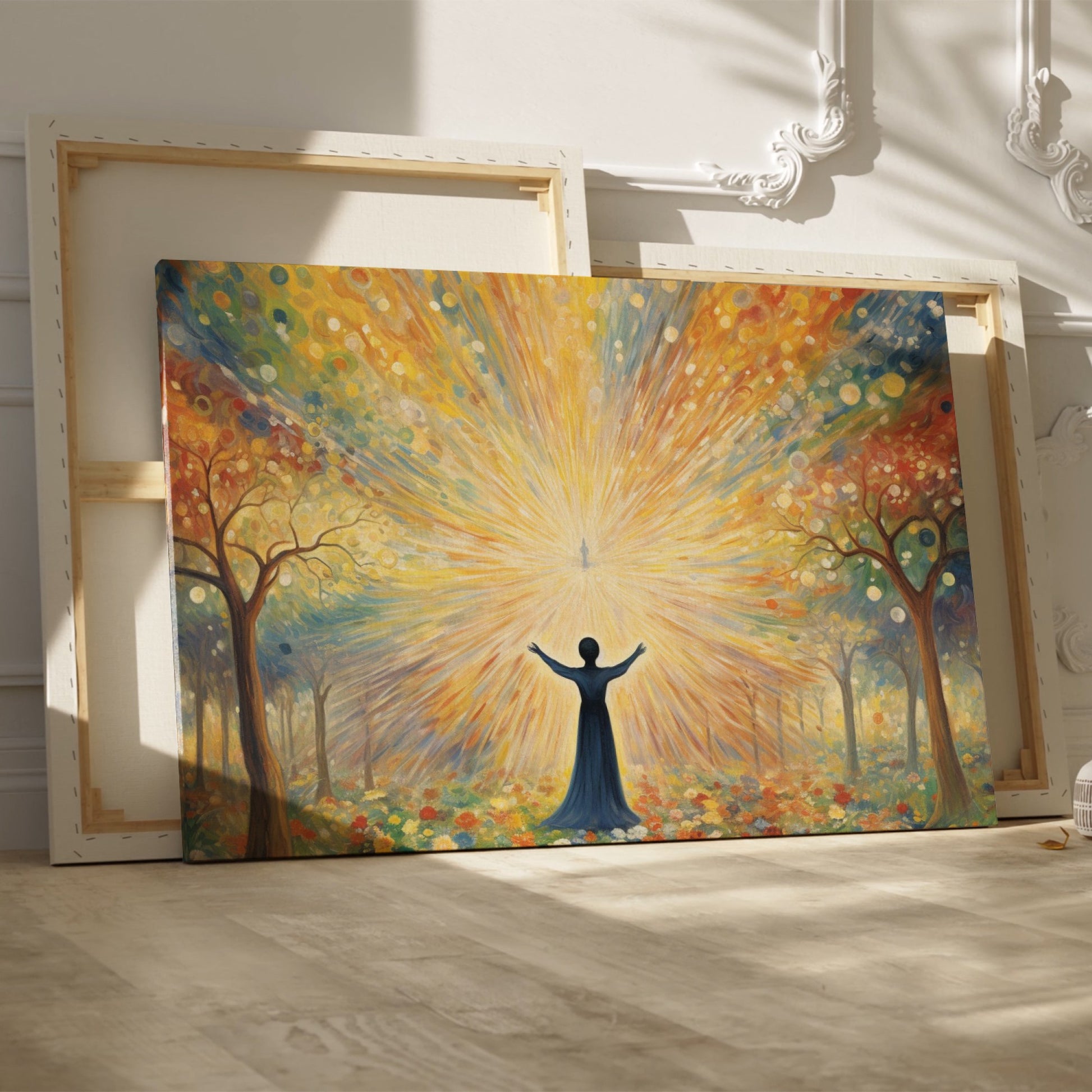 Framed canvas print of a figure silhouetted against a radiant background with mystical trees and glowing orbs.