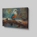 Framed canvas print of a vibrant kingfisher with abstract brushwork and warm colour palette