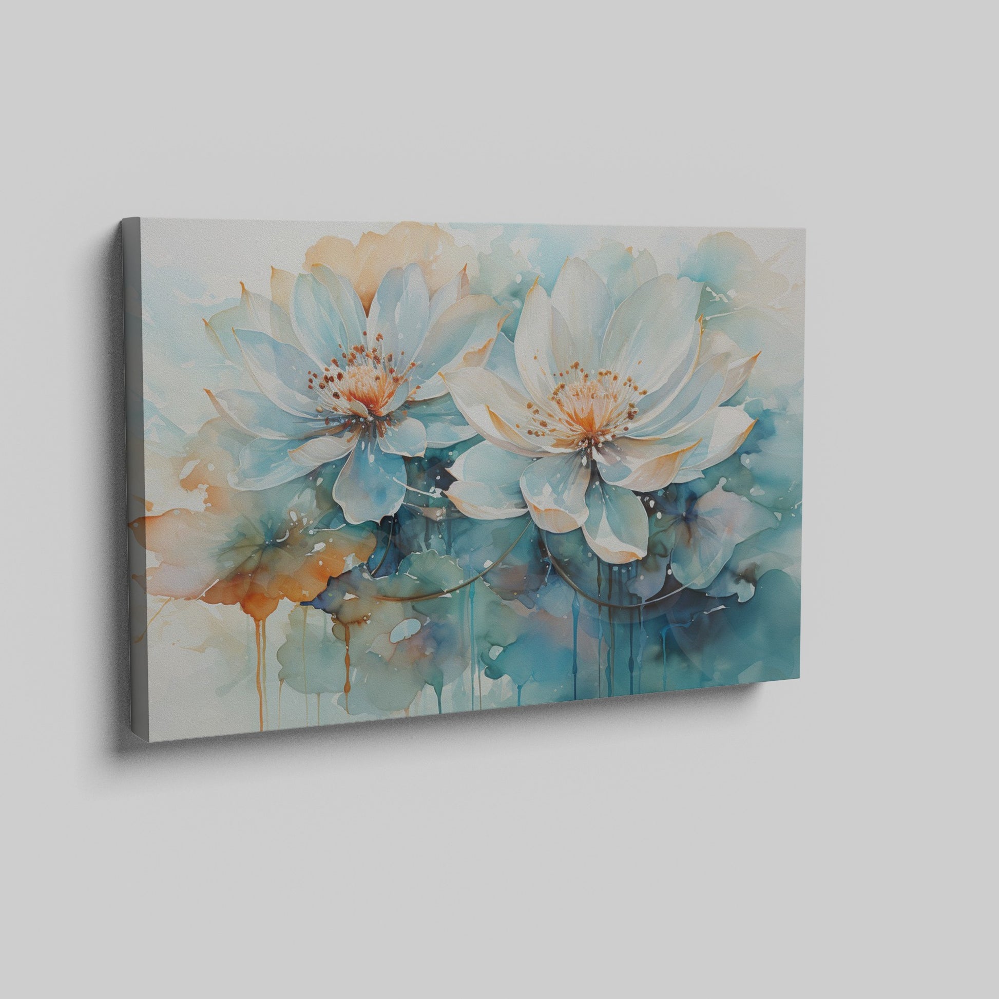 Framed canvas print of abstract watercolor lotus flowers with vibrant aquamarine and earth tones