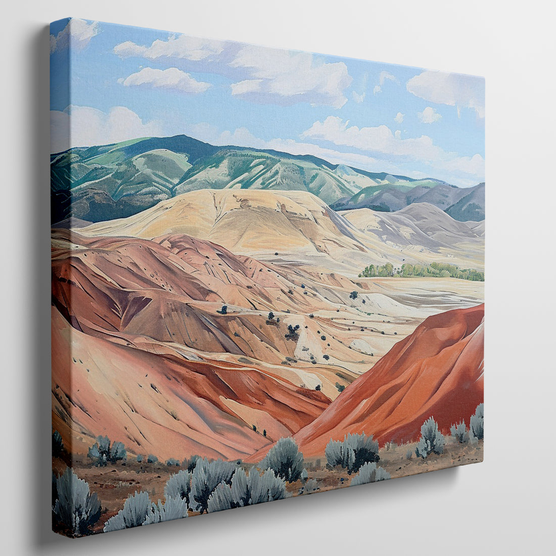 Framed canvas print of a serene and rustic painted hills landscape