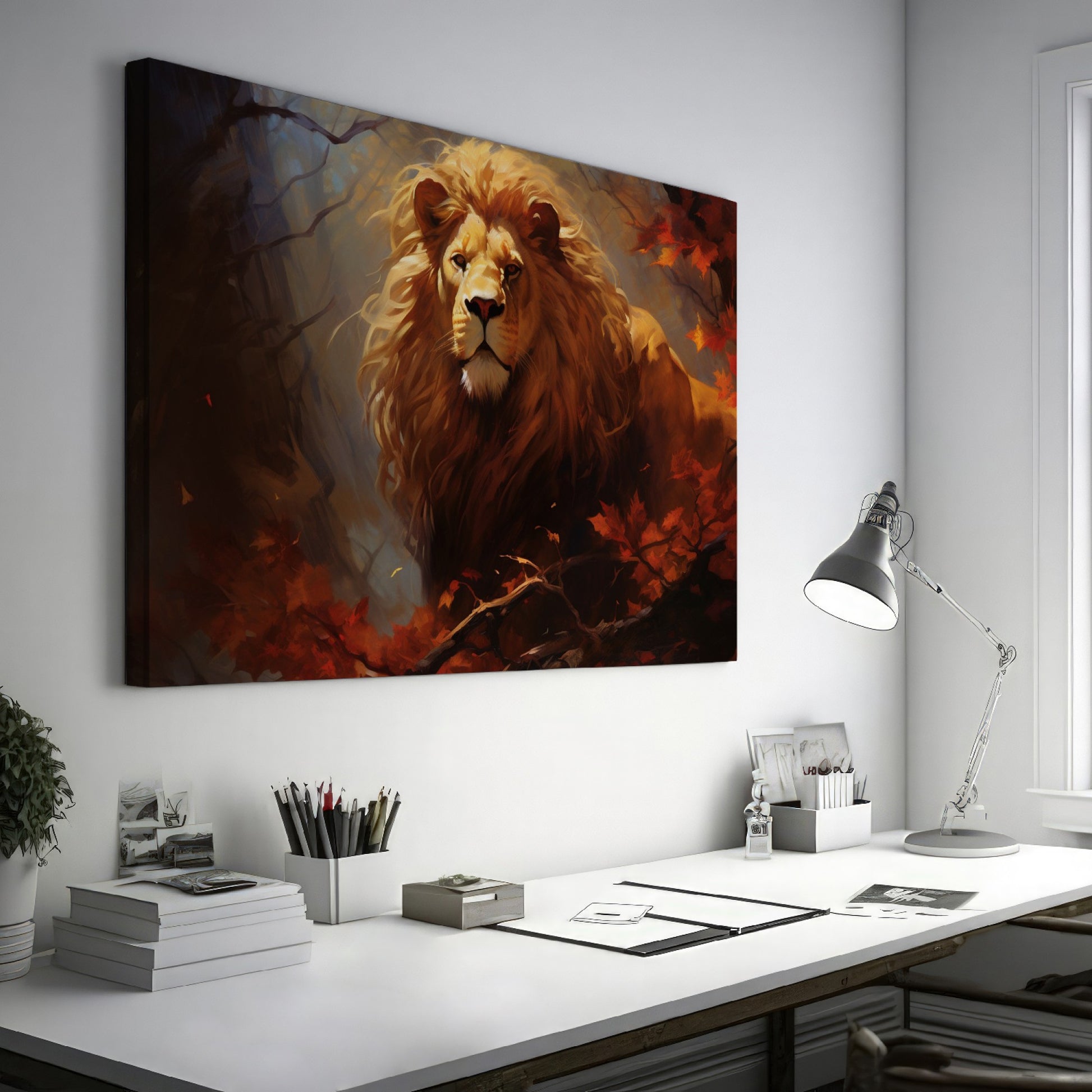 Framed canvas print of a majestic lion in an autumn forest with vibrant red and orange leaves