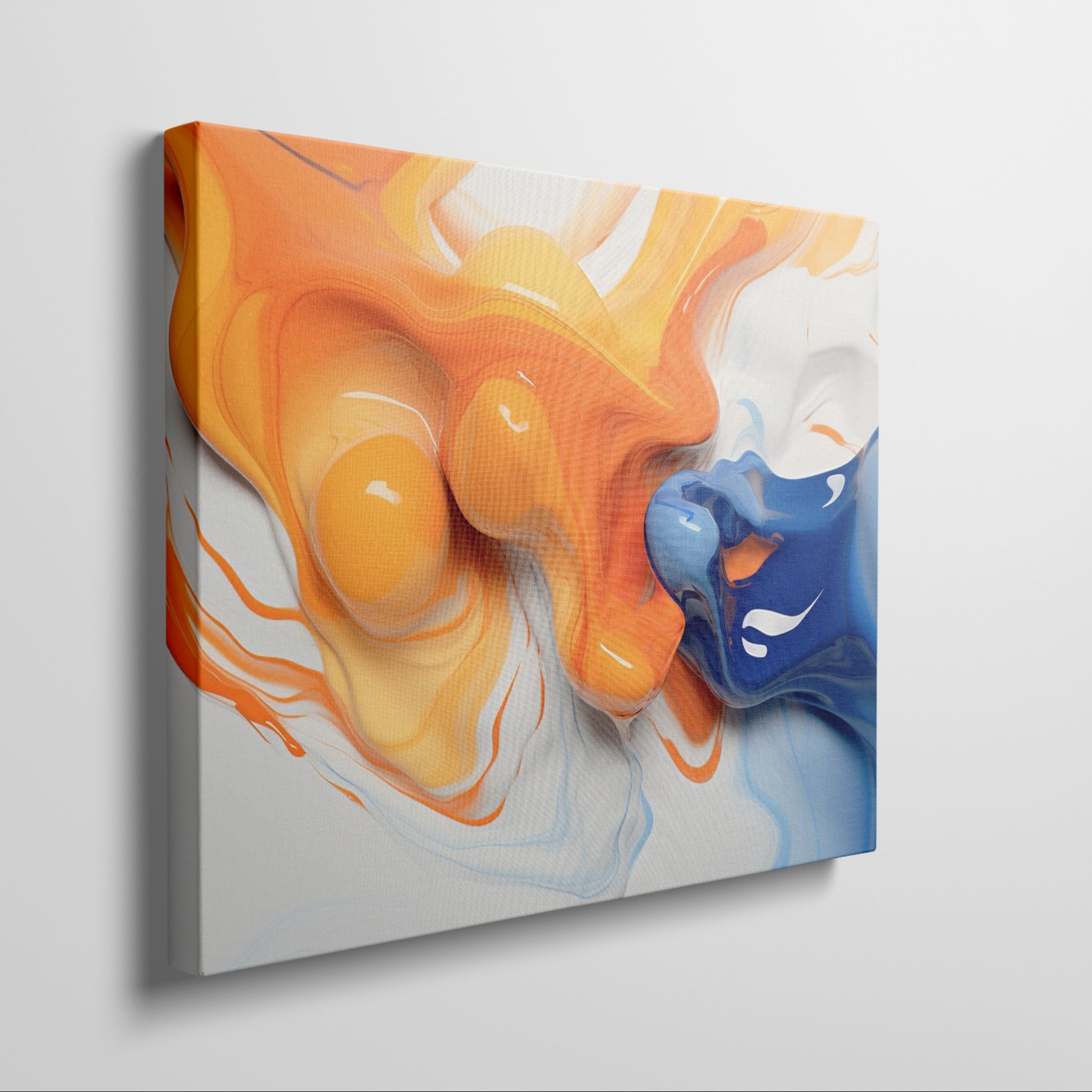 Framed canvas print of vibrant orange and blue abstract fluid art