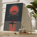 Stylized graphic of a solitary tree against a large red moon with its reflection on a ripple-patterned lake