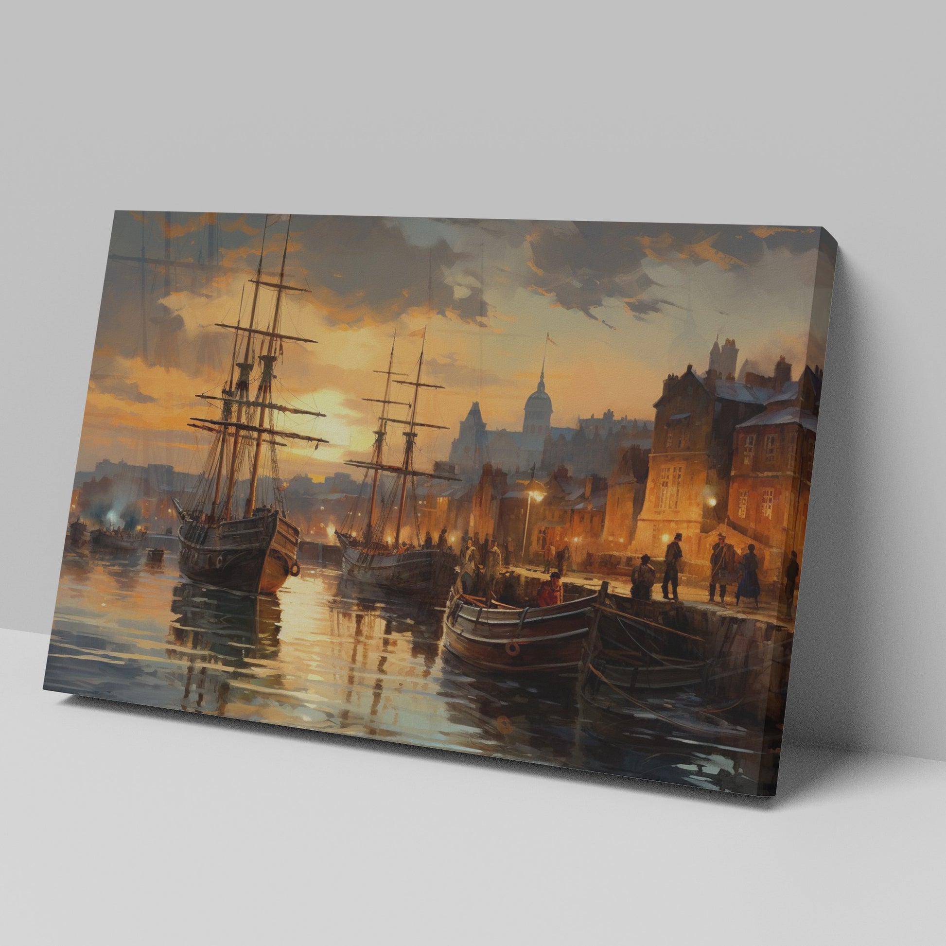 Framed canvas print of a historical port with sailing ships at sunset, featuring warm golden hues and reflective water