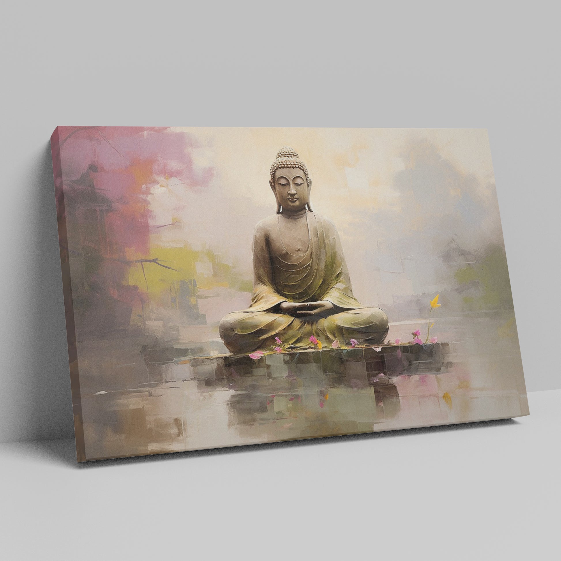 Framed canvas print of a serene Buddha in meditation, with vibrant, reflective water elements and a soft, modern background.