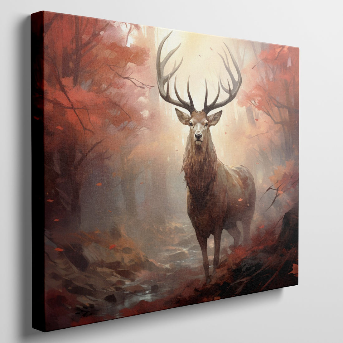 Framed canvas print of a majestic stag in an autumnal forest with red leaves