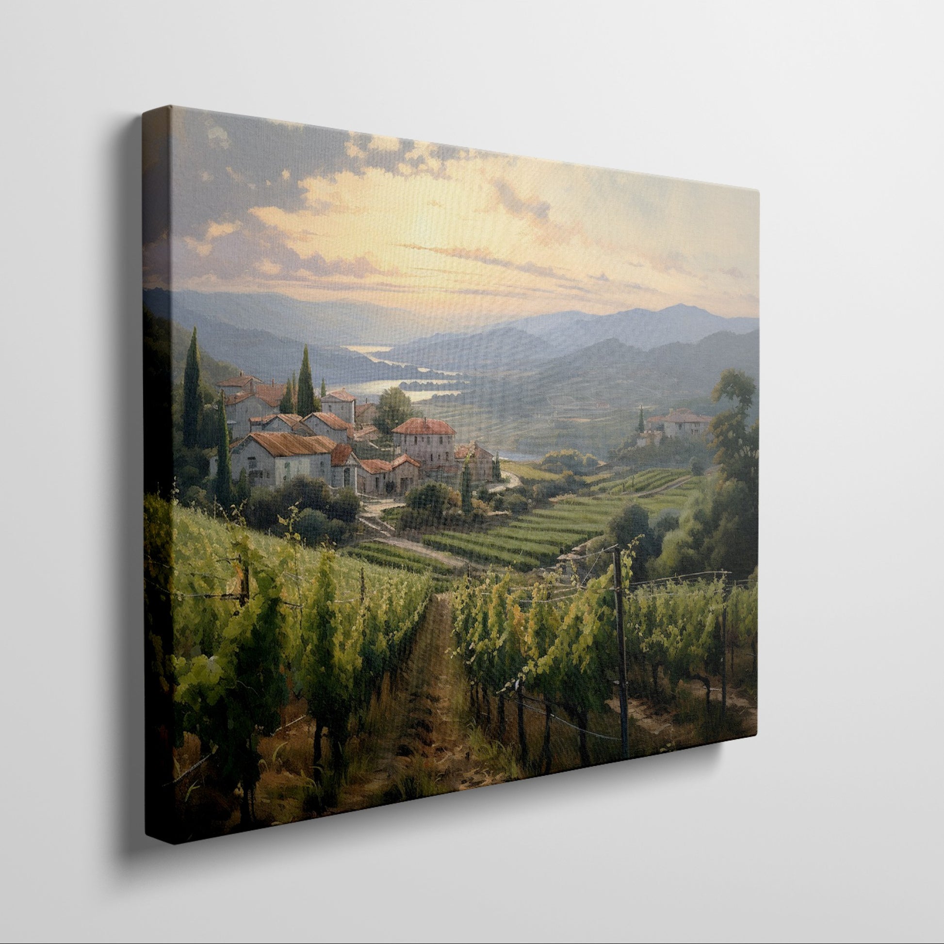 Framed canvas print of a Tuscan vineyard at sunset with warm golden hues and terracotta houses