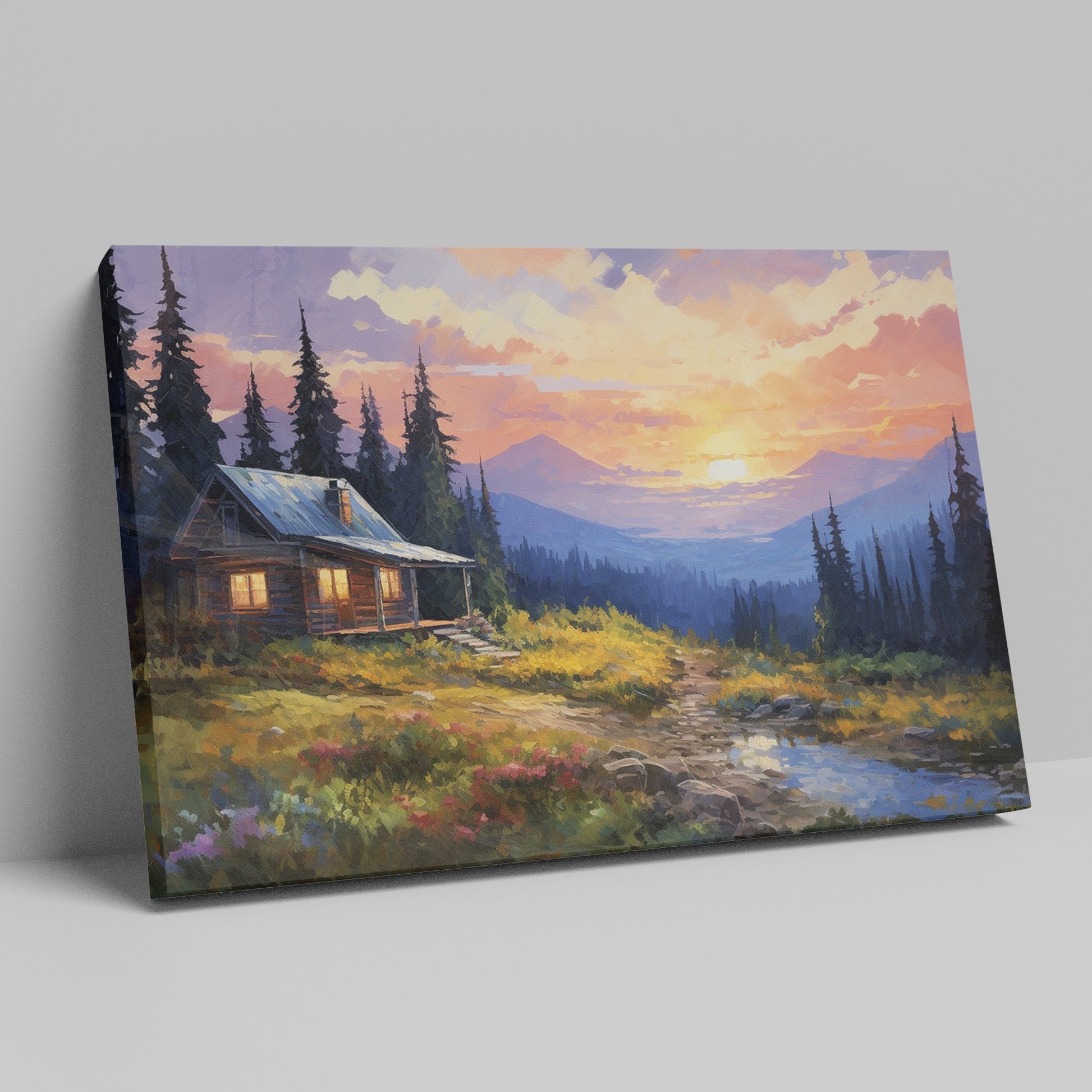 Framed canvas print of a rustic cabin at sunset with a mountainous backdrop