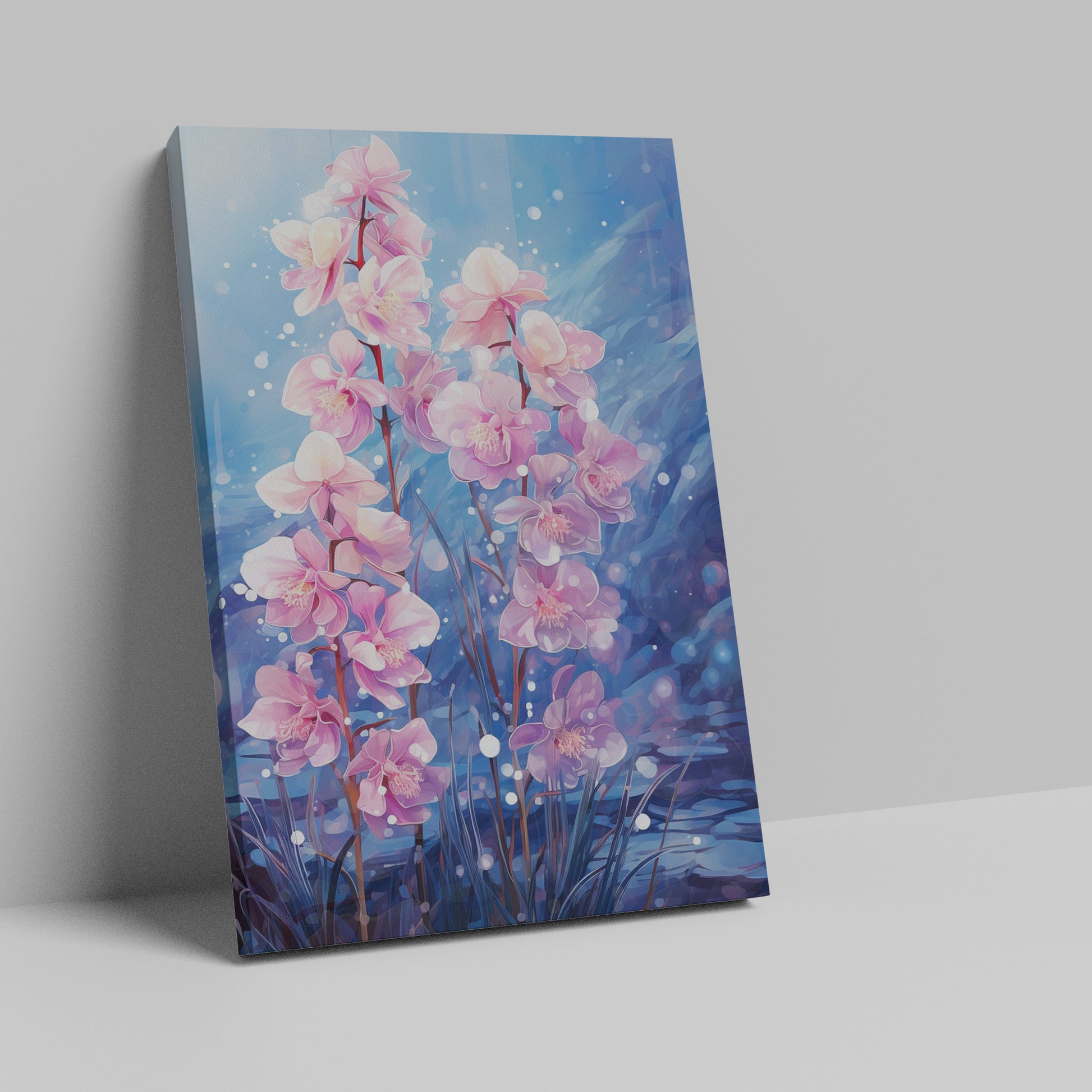 Framed canvas print of serene pink orchids with reflective water in an illustrative style