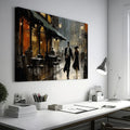 Framed canvas print of a romantic couple on a rainy evening stroll in a vintage style cityscape