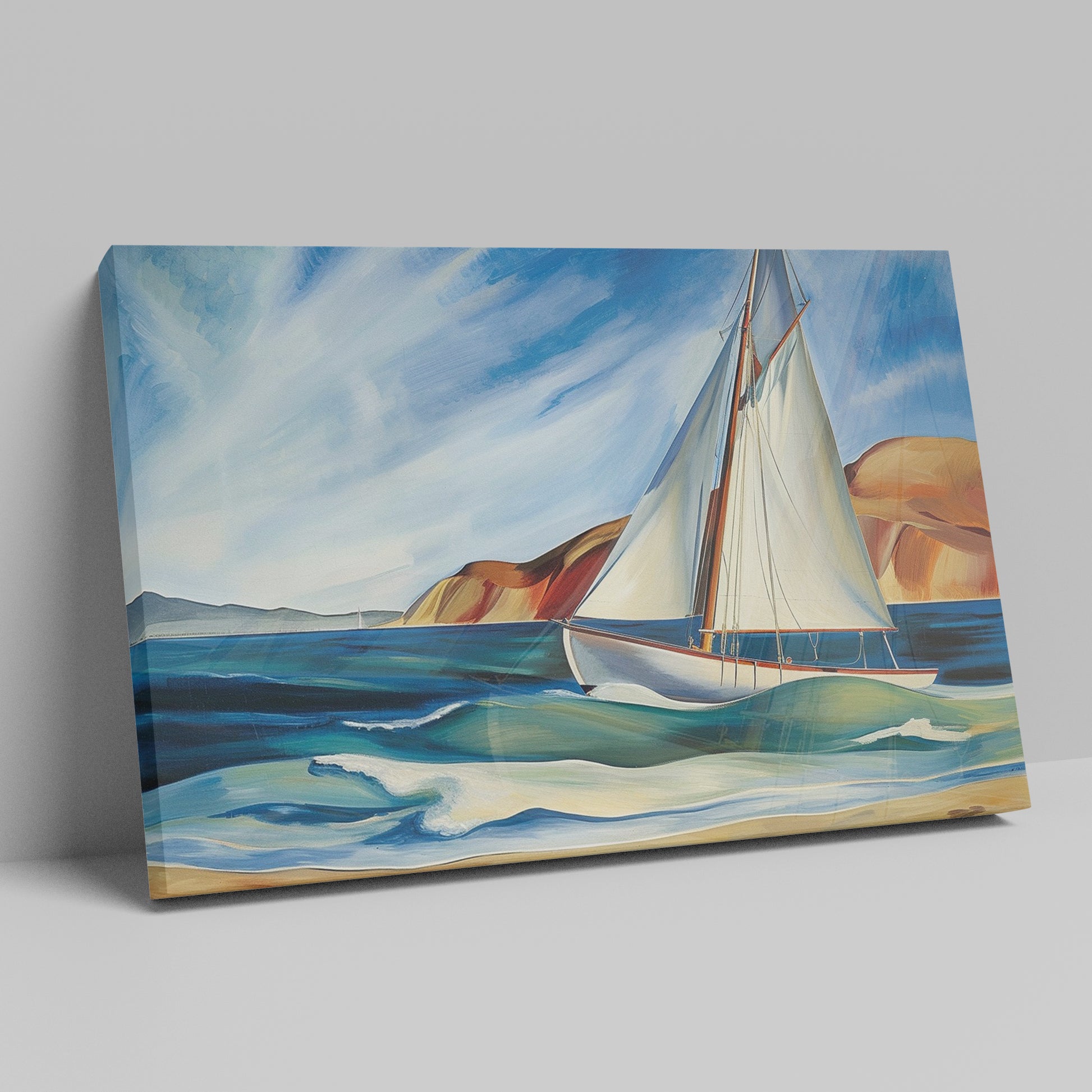 Framed canvas print of a vibrant sailboat sailing near a coastline with blue skies